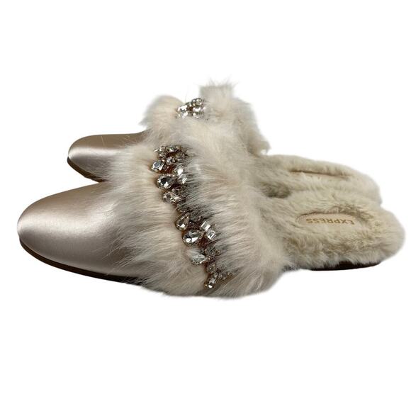 Express Faux Fur Crystal Mule Slippers Pink Coquette Twee Glam Cozy Holiday Chic - Picture 3 of 9